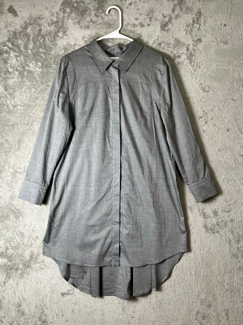 Milly Gray Cotton Shirt Dress High Low Hem Button Front Minimalist Workwear 10